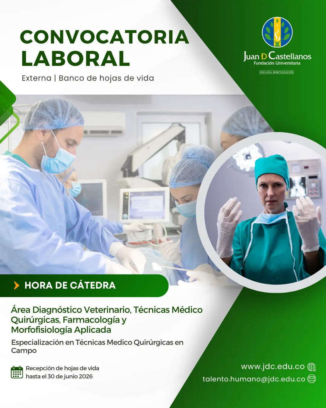Docente área Diagnóstico Veterinario, Técnicas Médico Quirúrgicas, Farmacología y Morfofisiología Aplicada (Hora de cátedra) – Especialización en Técnicas Medico Quirúrgicas en Campo (Convocatoria externa - banco de hojas de vida)